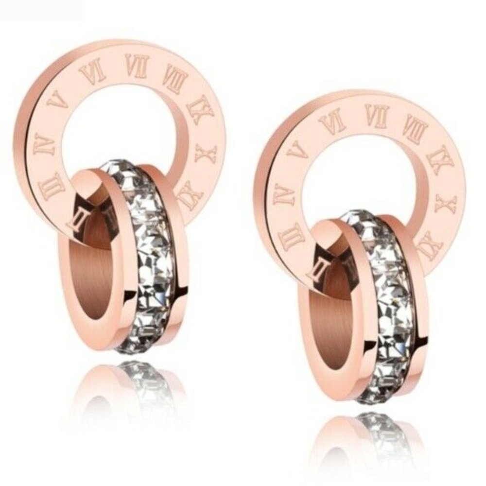 Rose Gold Round Roman Numerals Drop CZ Earrings